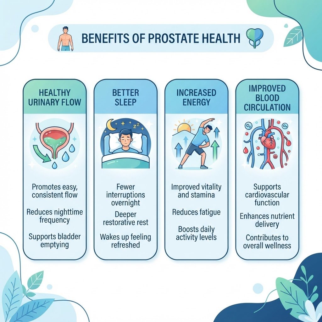 Infographic showing prostate health benefits: urinary flow, better sleep, increased energy, and improved blood circulation