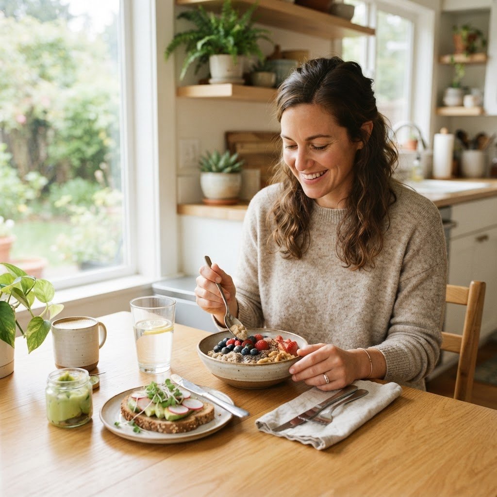 adult enjoying high fiber breakfast for gut health