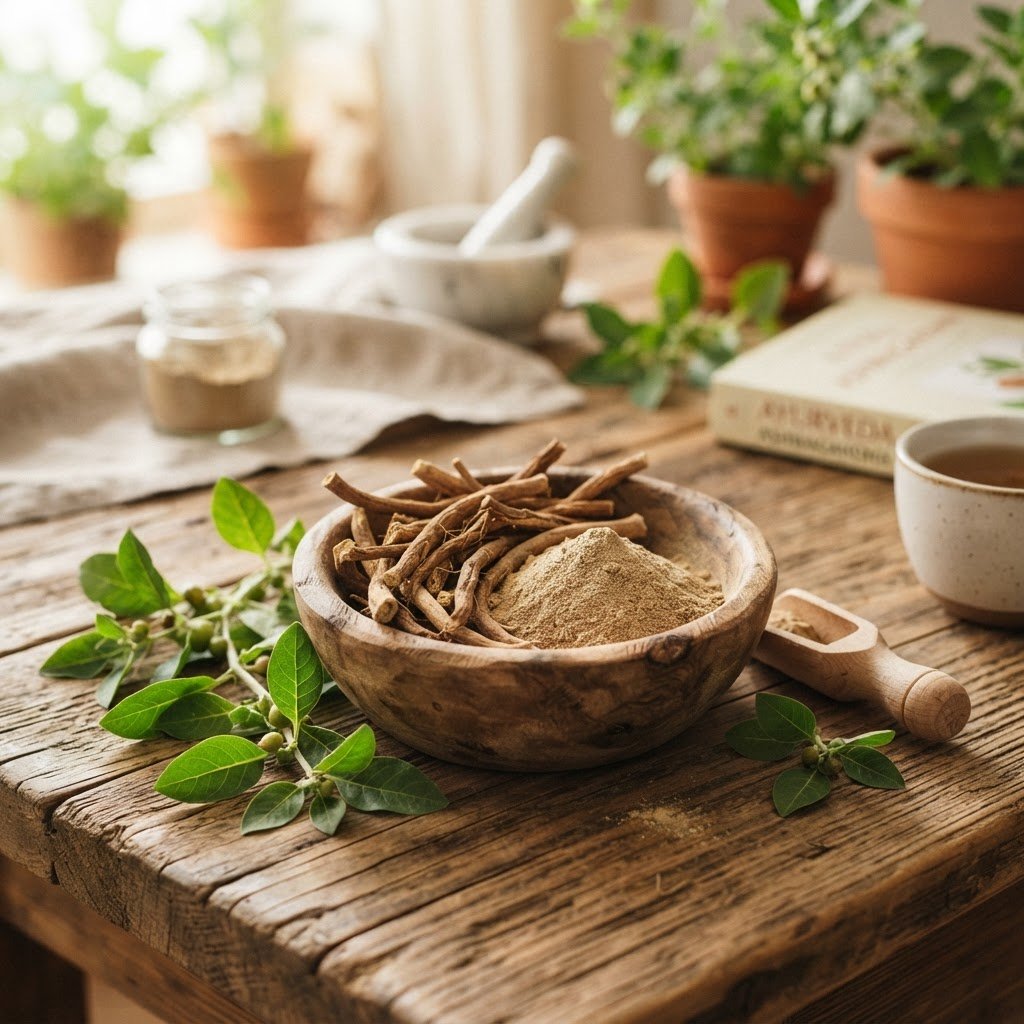 Ashwagandha root and powder in wooden bowl with green leaves ayurvedic medicine