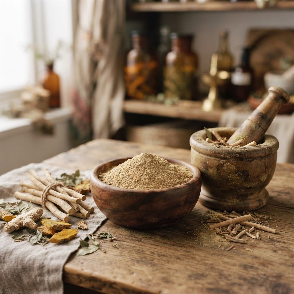 Ashwagandha Root Powder Ashwagandha root powder in wooden bowl with mortar and pestle