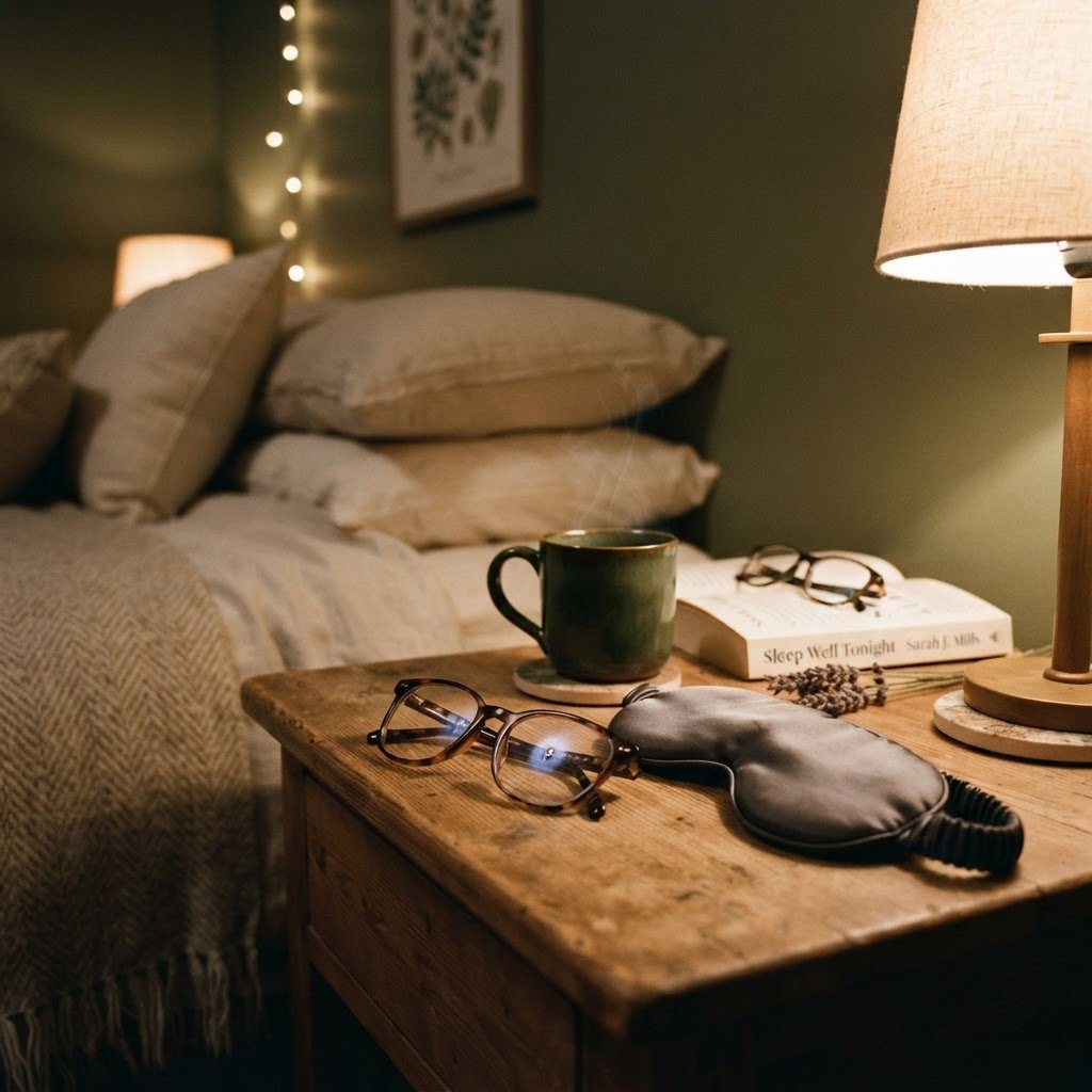 Blue light blocking glasses and sleeping mask on nightstand