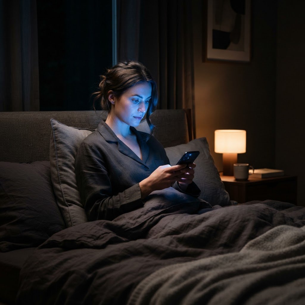 Person using phone with blue light glow before bed