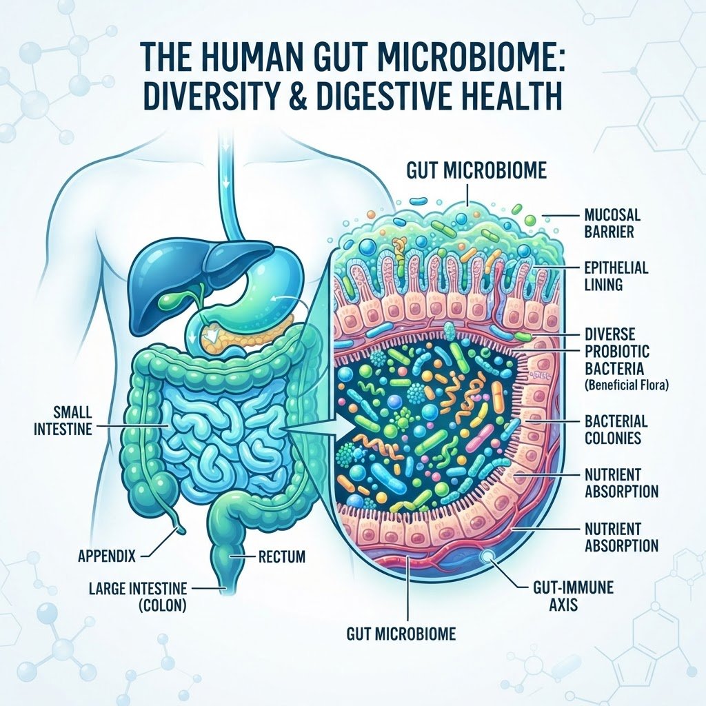 Colorful illustration of gut microbiome with probiotic bacteria