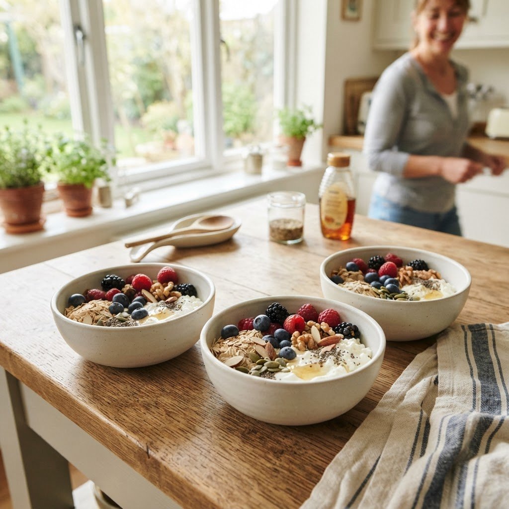 Meal prep breakfast bowls with yogurt cottage cheese oats and berries