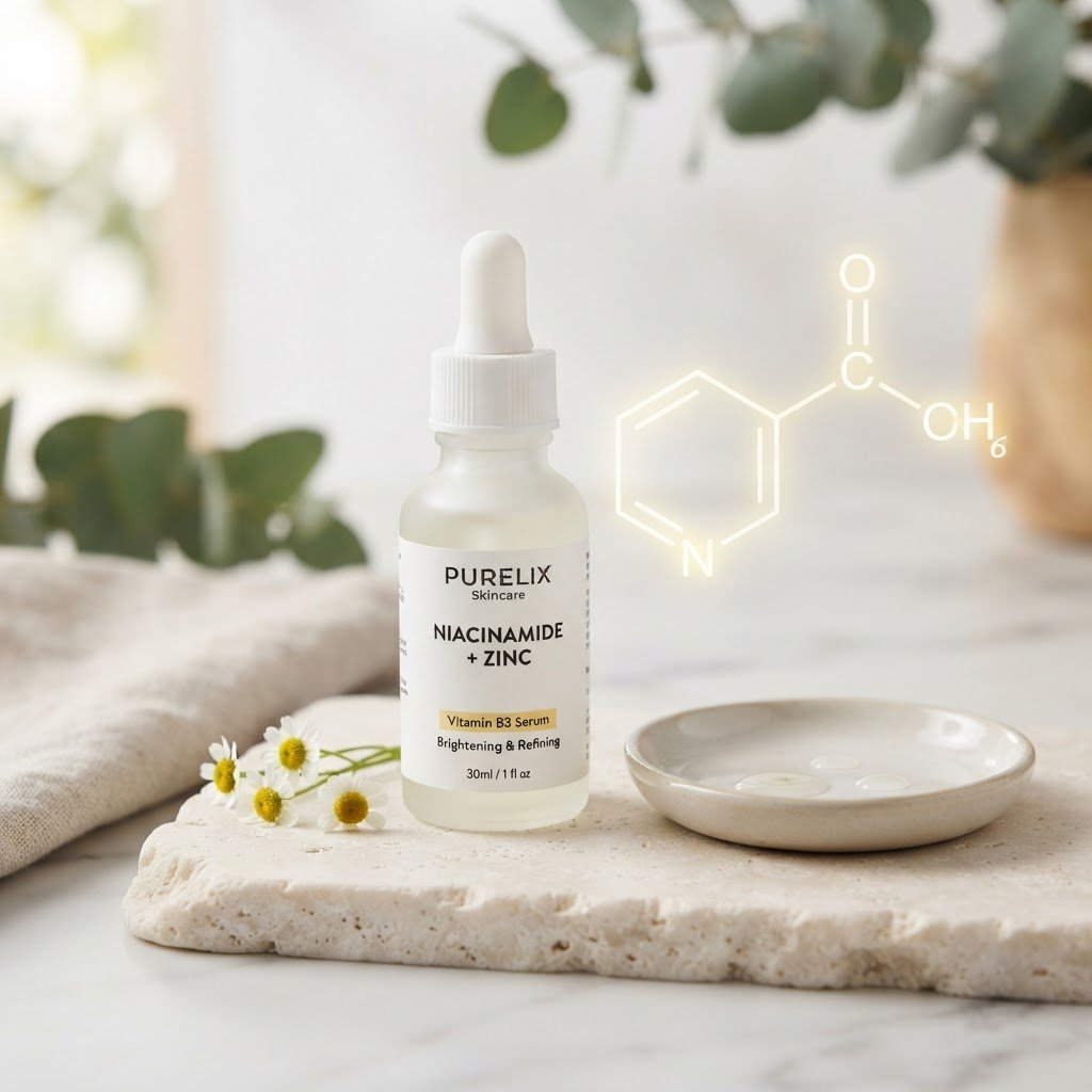 Niacinamide skincare product with vitamin B3 molecular structure for skin health