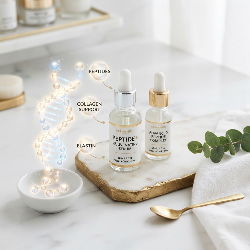 Peptide skincare serum bottles with molecular chains anti-aging skincare concept