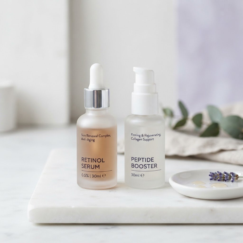 Retinol vs peptides skincare comparison two cosmetic bottles for anti-aging