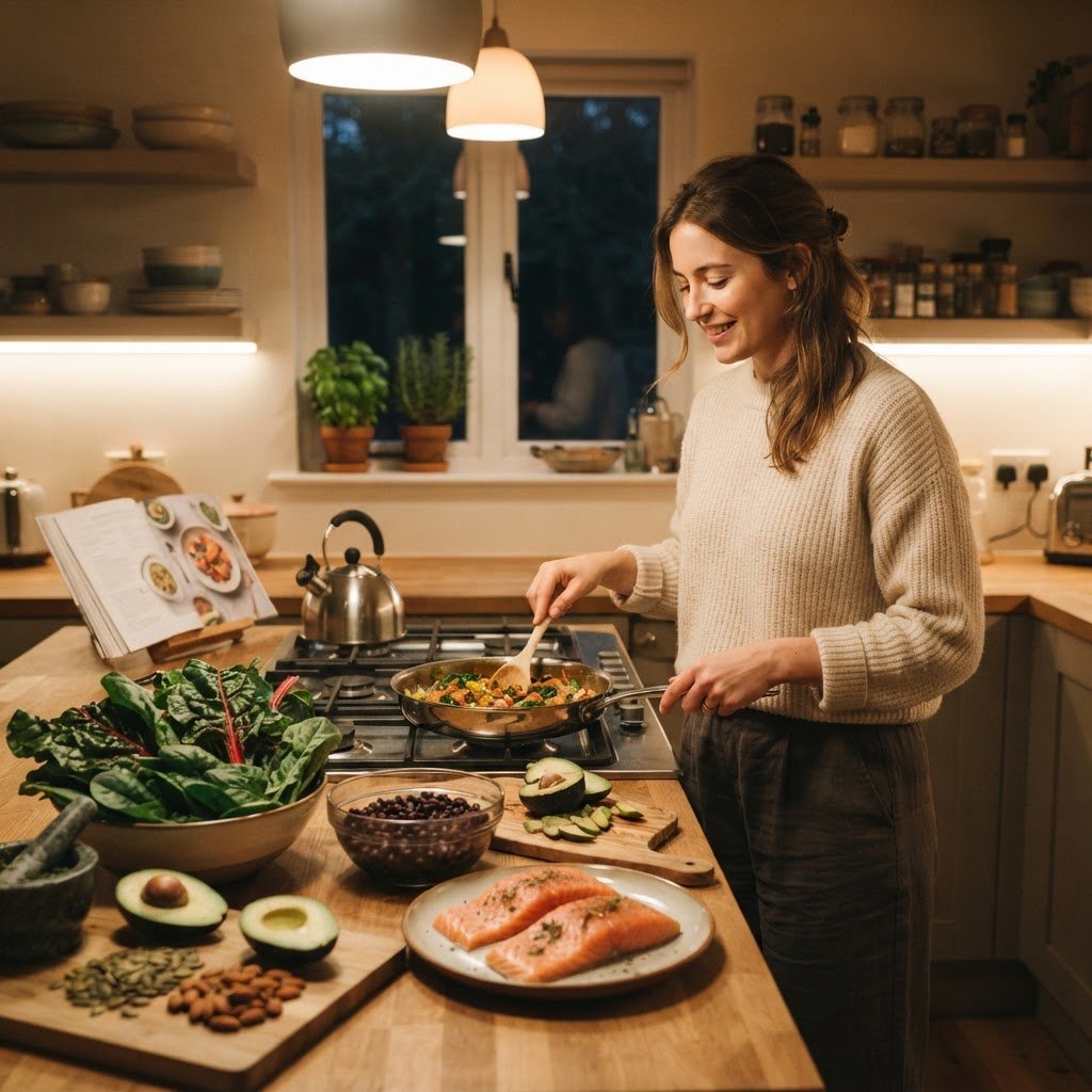 Preparing a magnesium-rich dinner with leafy greens beans and salmon