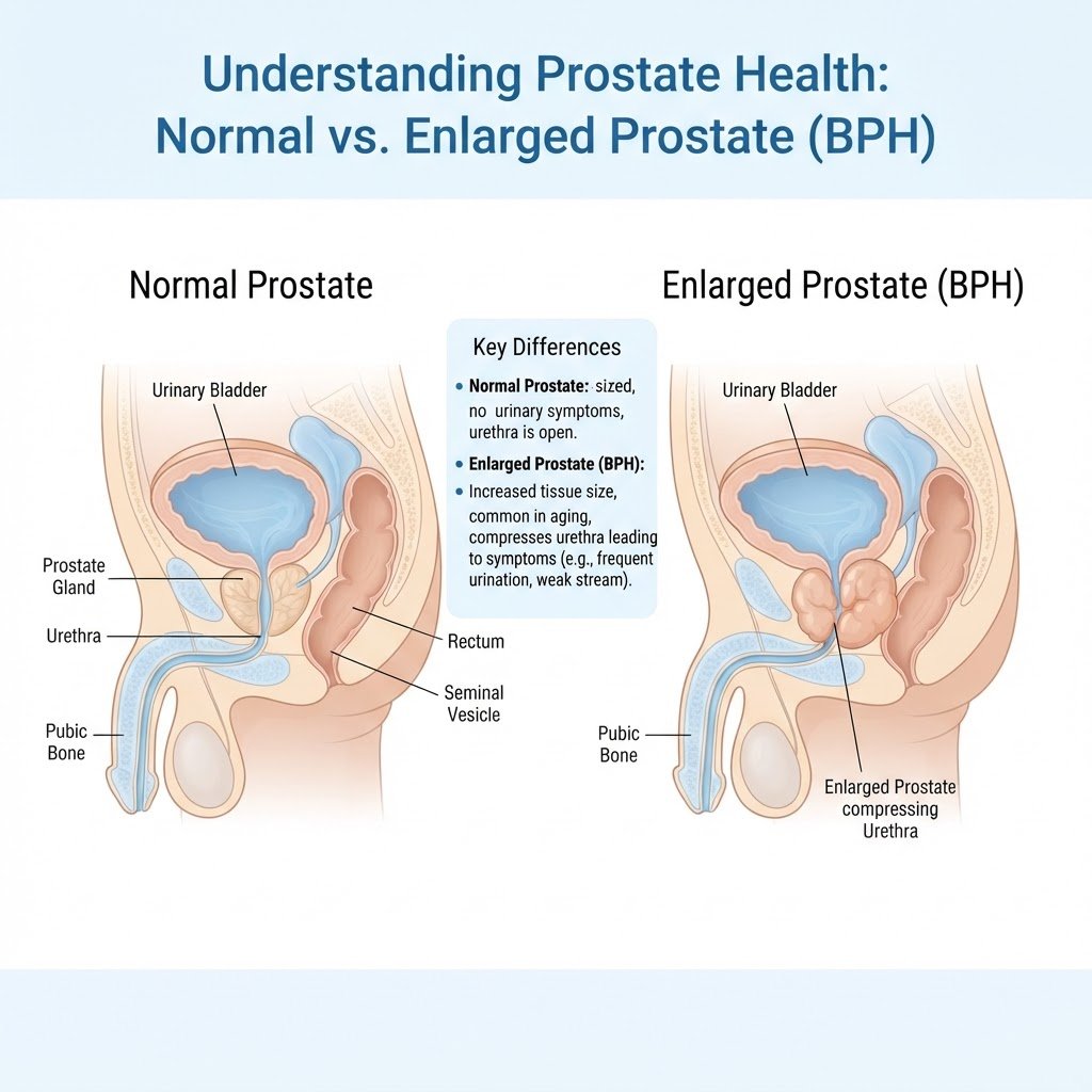 Prostate gland anatomy showing normal vs enlarged prostate BPH