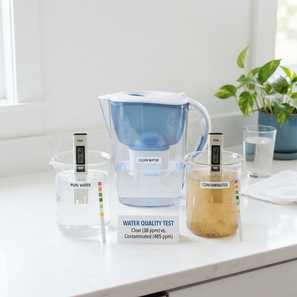 Water quality test comparing clean vs contaminated water with filtration