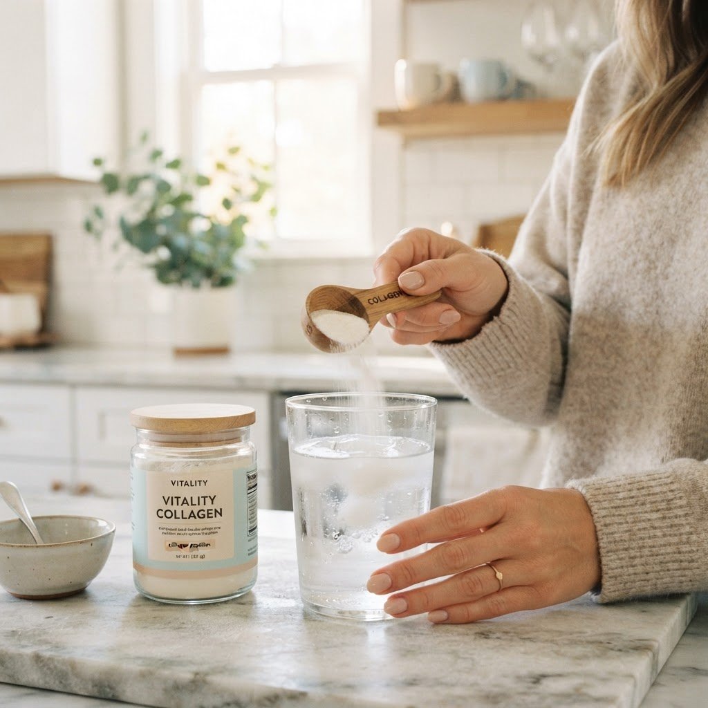 Woman holding scoop of collagen powder over glass of water in bright kitchen